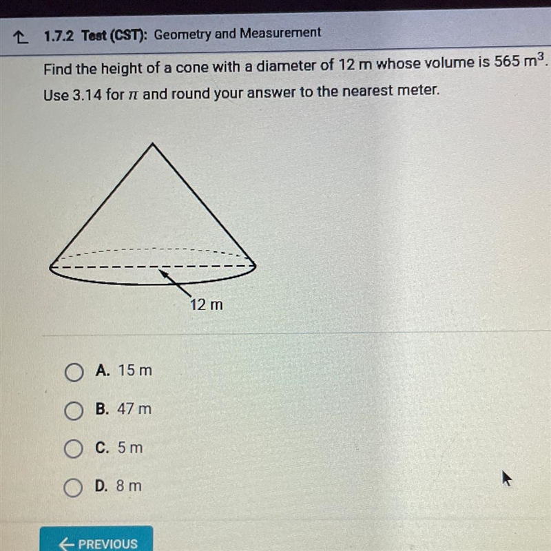 NEED HELP QUICK Find the height of a cone with a diameter of 12 m whose volume is-example-1