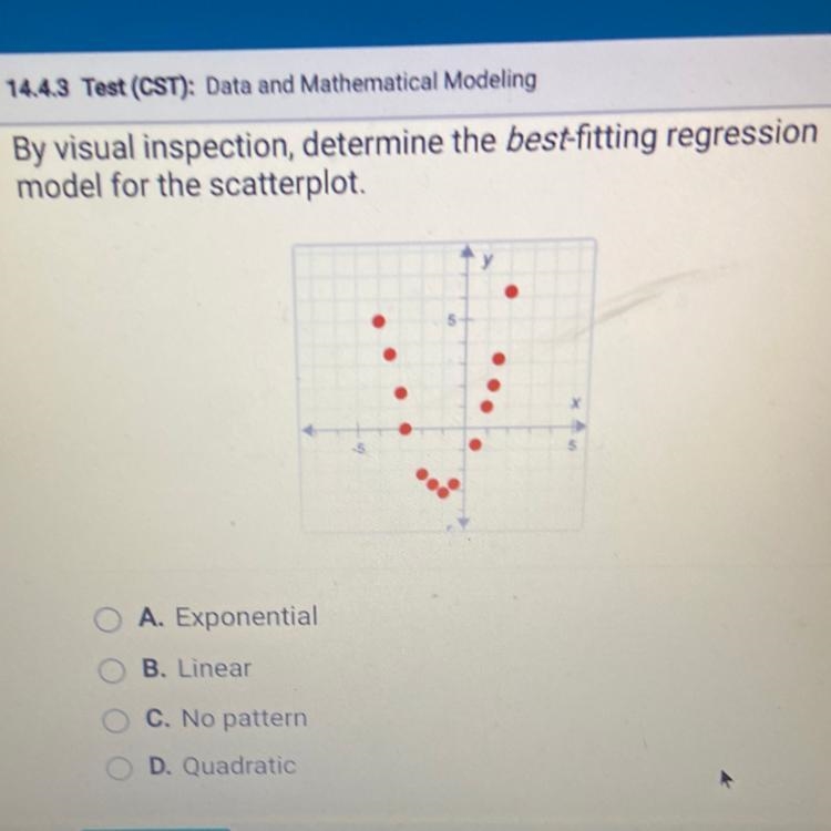 By visual inspection,determine the best fitting regression model for the scatter plot-example-1