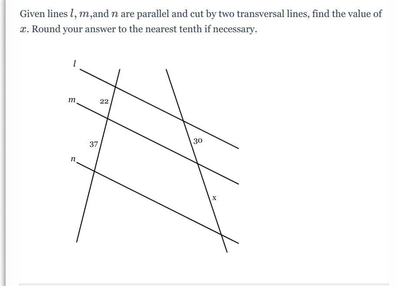 Given lines l, m,n are parallel and cut by two transversal lines, find the value of-example-1