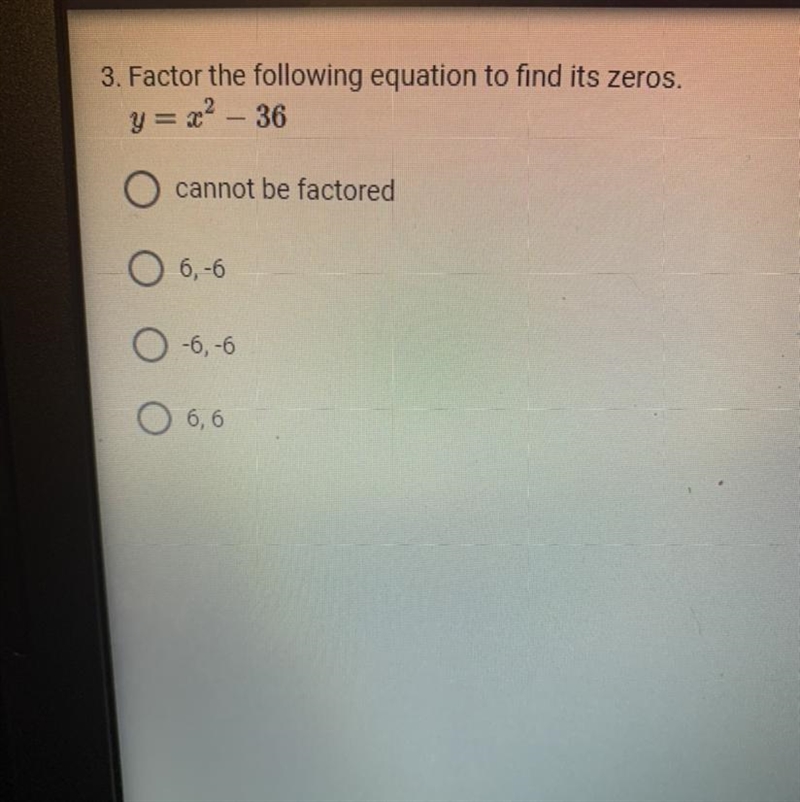 Factor the following equation to find its zeros. y = x^2 - 36-example-1