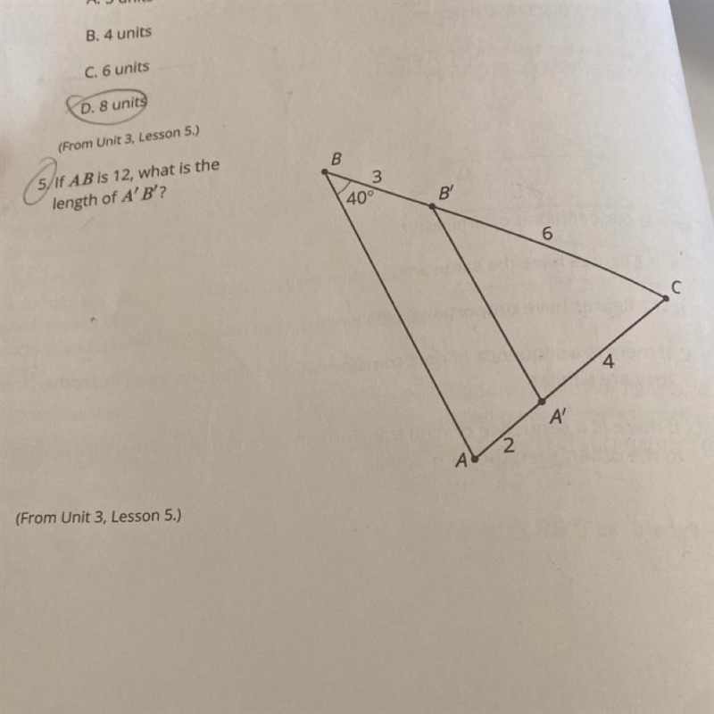 5/If AB is 12, what is the length of A' B'? B 3 40° B' A 2 6 A' 4 C-example-1