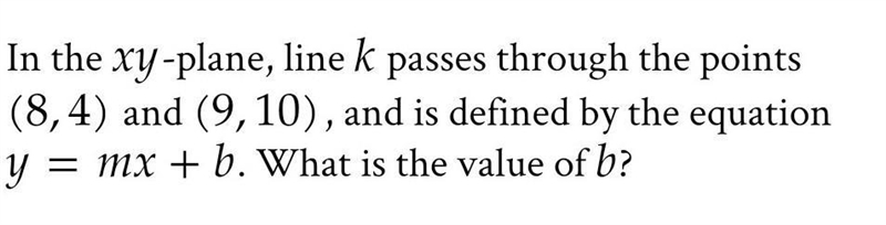 In the xy-plane, line k passes through the points (8,4) and (9, 10), and is defined-example-1