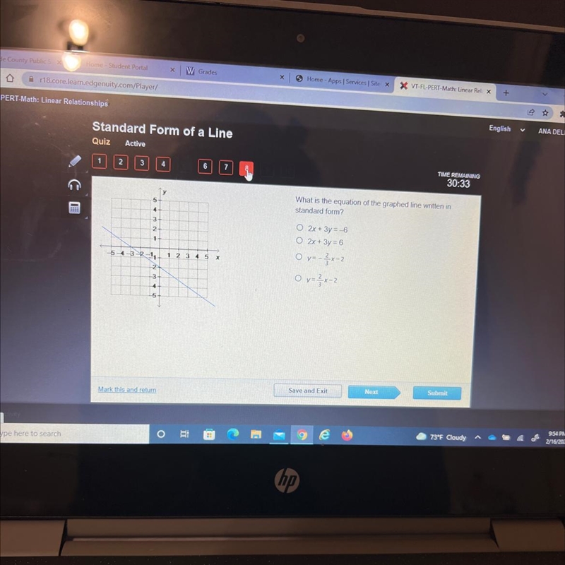 Y 5 What is the equation of the graphed line written in standard form? 4 3 2 1 O 2x-example-1