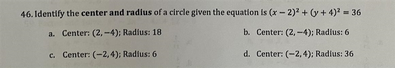 Identify the center and radius of a circle given the equation is (x - 2)2 + (y + 4)2 = 36-example-1