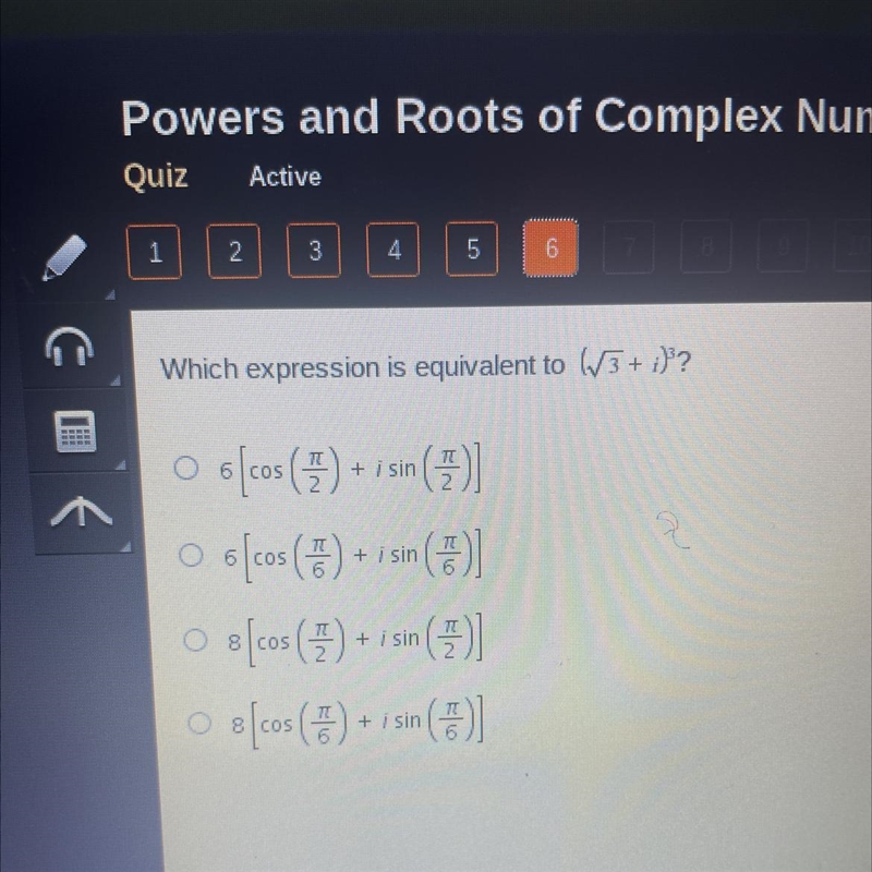 Which expression is equivalent to (sqrt3 + i)^3?-example-1