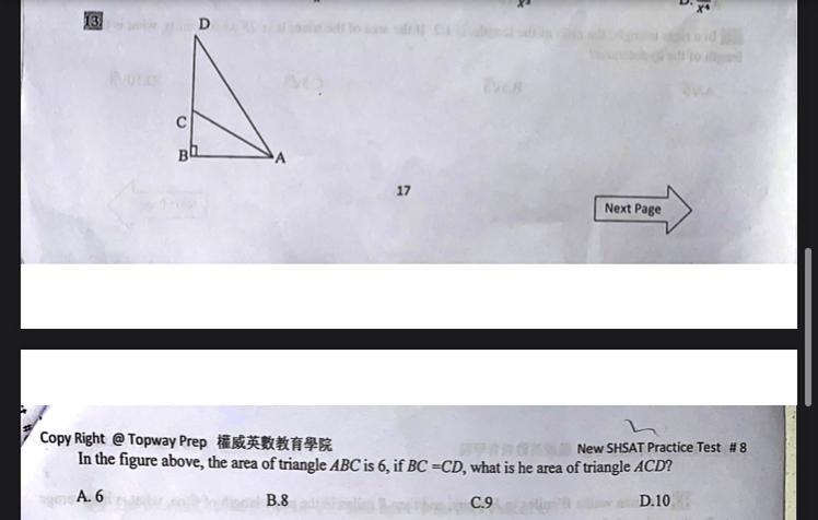 In the figure above, the area of triangle ABC is 6, if BC = CD what is he area of-example-1