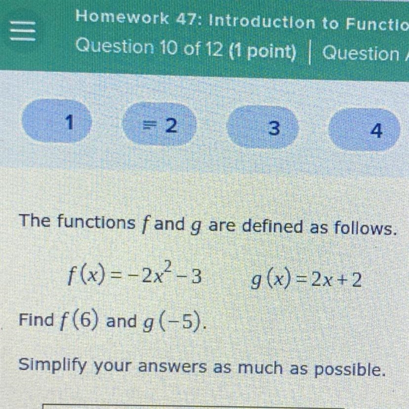 The functions f and g are defined as follows. f(x)=–2x2-3 g(x) = 2x + 2 = Find f (6) and-example-1