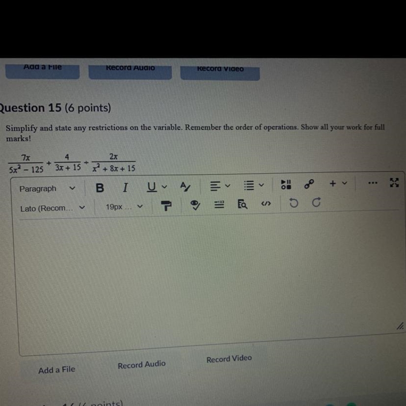 Simplify and state any restrictions on the variable. Remember the order of operations-example-1