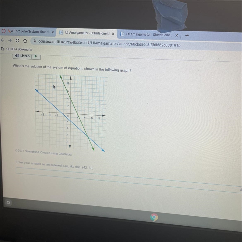 What is the solution of the system of equations shown in the graph?-example-1