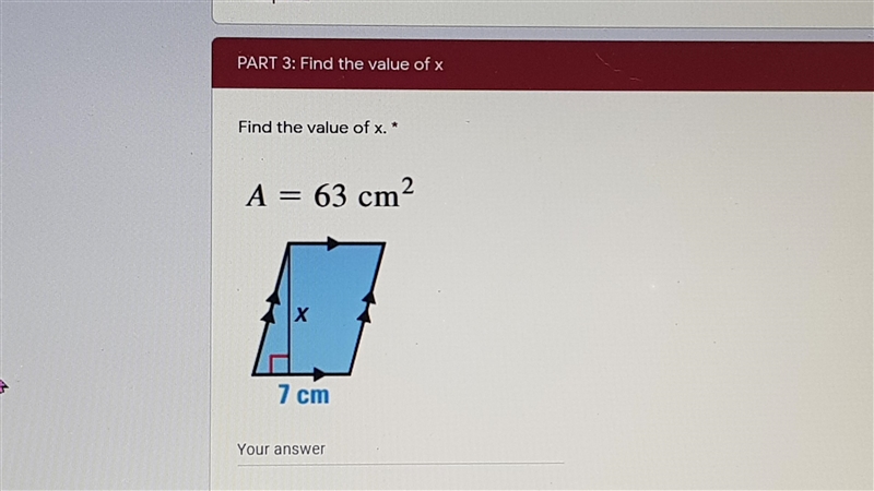 Find the value of x * A = 63cm²-example-1