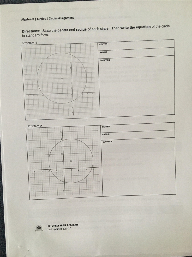 State the center and radius of each circle. then write the equation of the circle-example-1