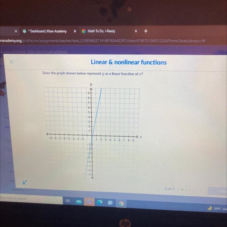 Does the graph shown below represent y as a linear function of x-example-1