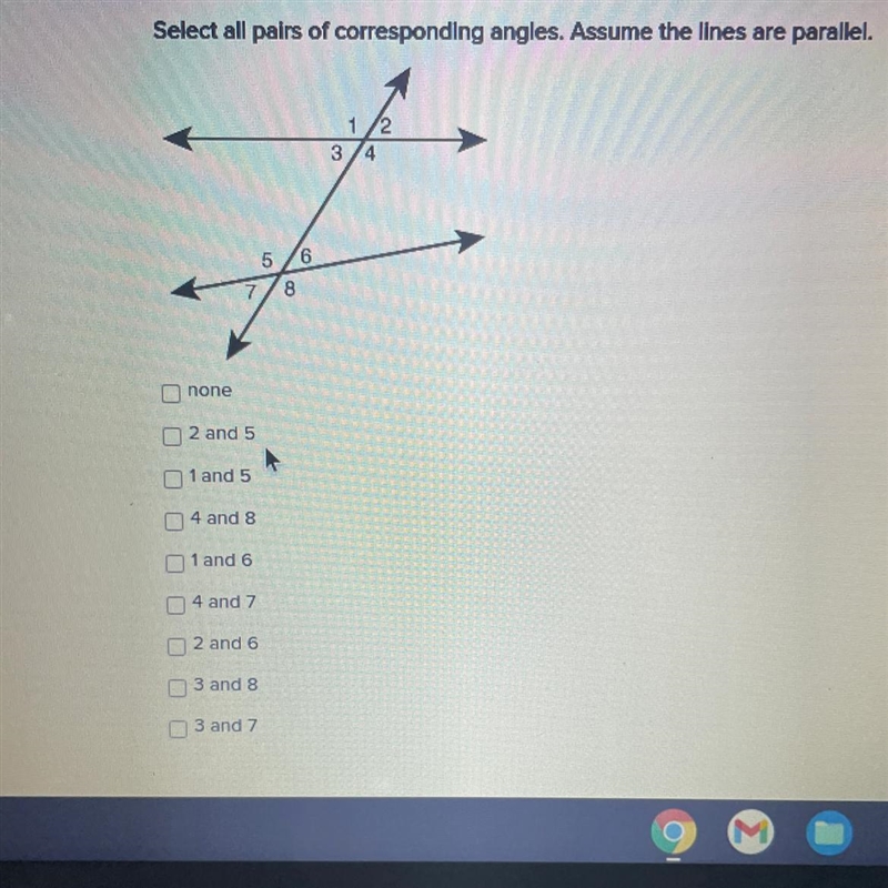 Select all pairs of corresponding angles. Assume the lines are parallel-example-1