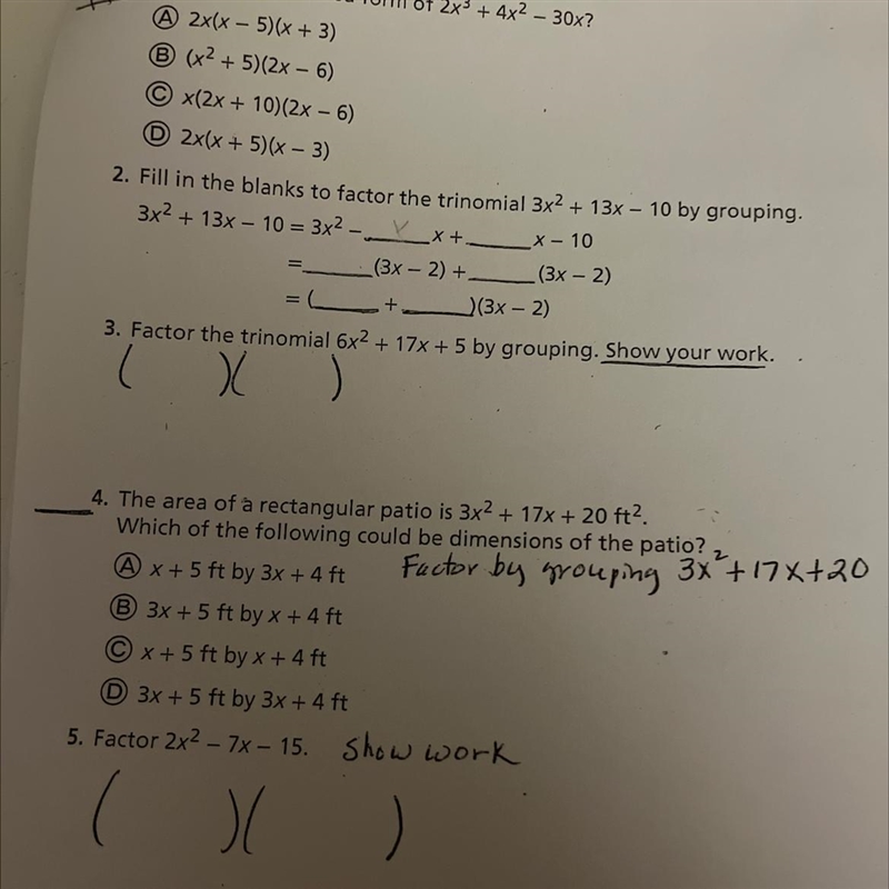 2. Fill in the blanks to factor the trinomial 3x² + 13x - 10 by grouping. 3x² + 13x-example-1