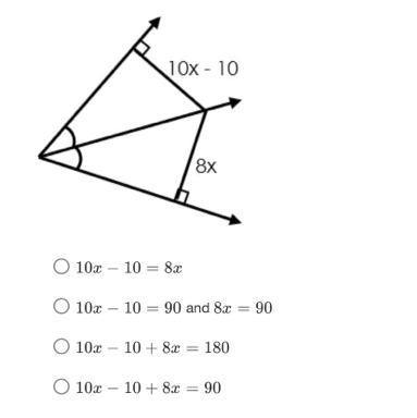 Which is the correct equation needed to solve for x. Responses 10x−10=8x 10x−10=90 and-example-1