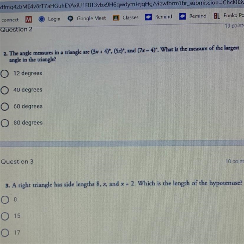 The angle measures in a triangle are (3x+4), (5x), and (7x-4). What is the measure-example-1