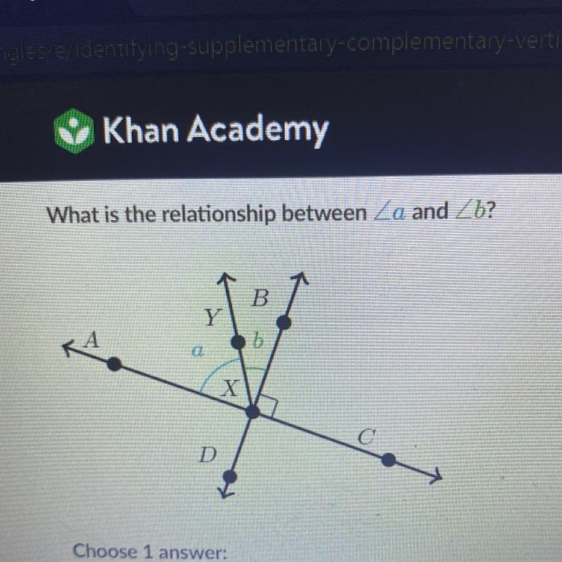 What is the relationship between a and b? A - Vertical Angles B - Complementary Angles-example-1