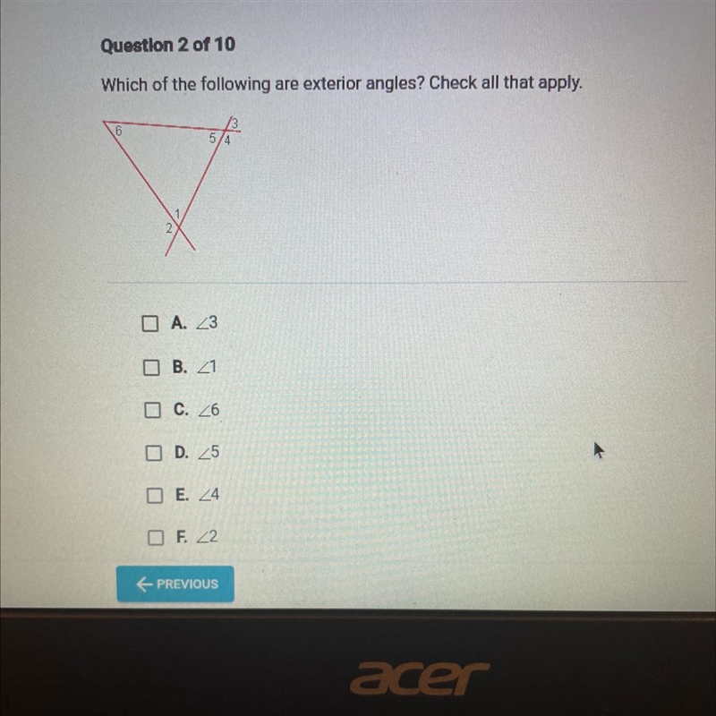 Which of the following are exterior angles? Check all that apply. 6 5/4 1 2-example-1