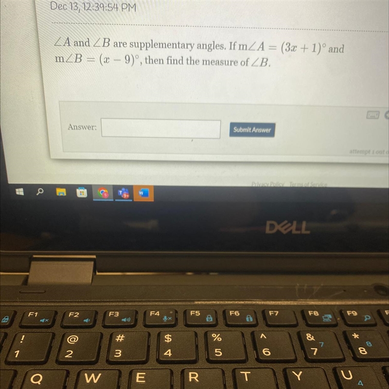 ZA and ZB are supplementary angles. If m≤A = (2x − 4)° and m/B = (4x − 14)˚, then-example-1