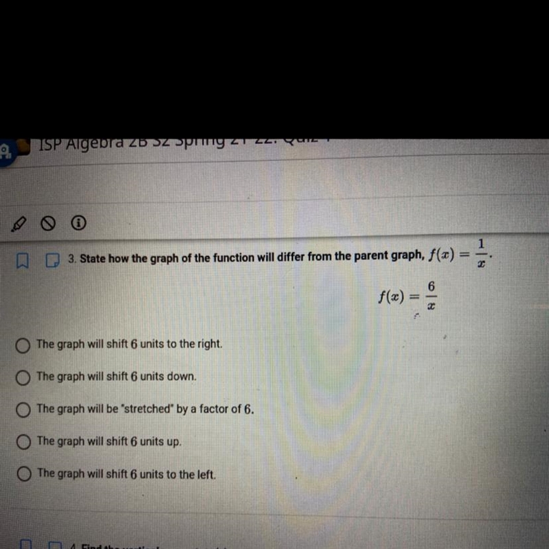 EMERGENCY PLS HELP: state how the graph of the function will differ from the parent-example-1