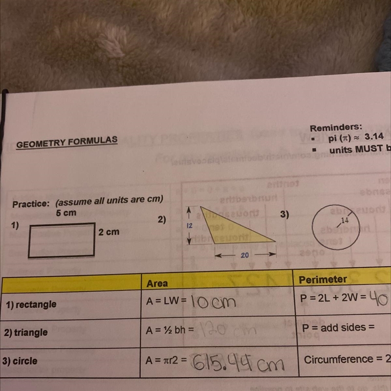 I need help on 2. The triangle one; finding the perimeter and area. The triangle is-example-1