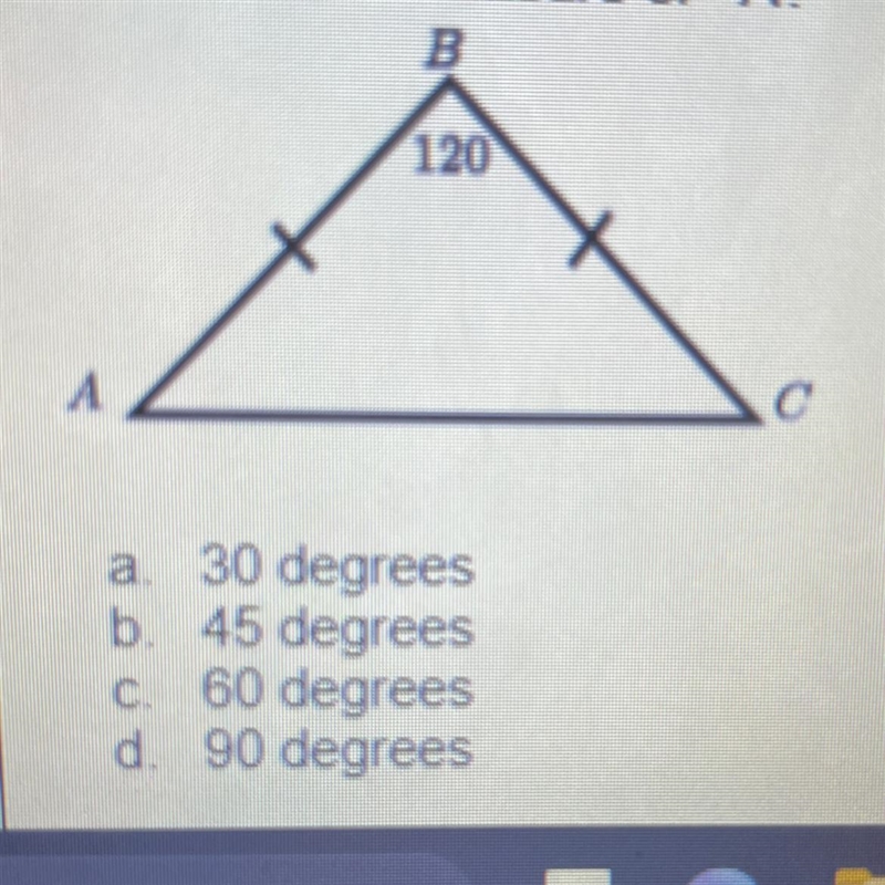 1. What is the measure of a. 30 degrees b. 45 degrees c. 60 degrees d. 90 degrees-example-1