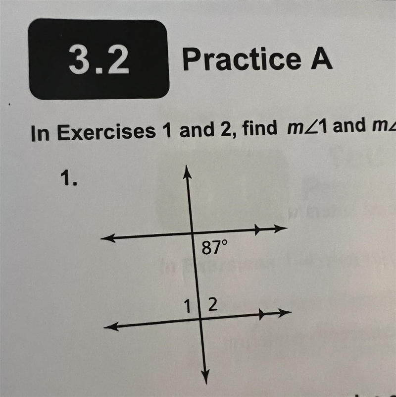 In Exercises 1 and 2, find m/1 and m<2 1.-example-1