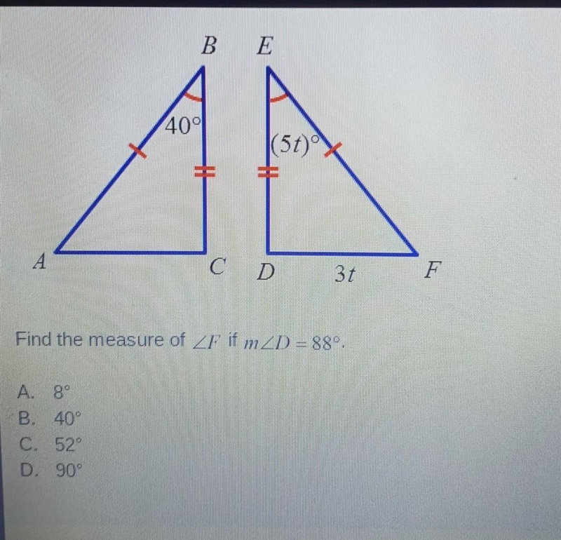 Find the measure of angle F if angle D = 88°-example-1