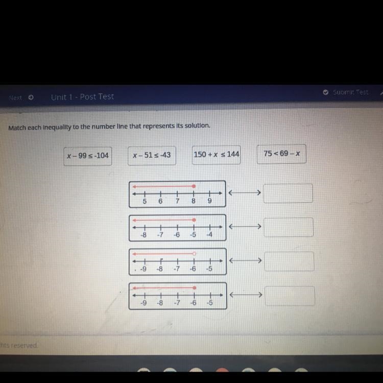 Match each inequality to the number line that represents its solution:-example-1