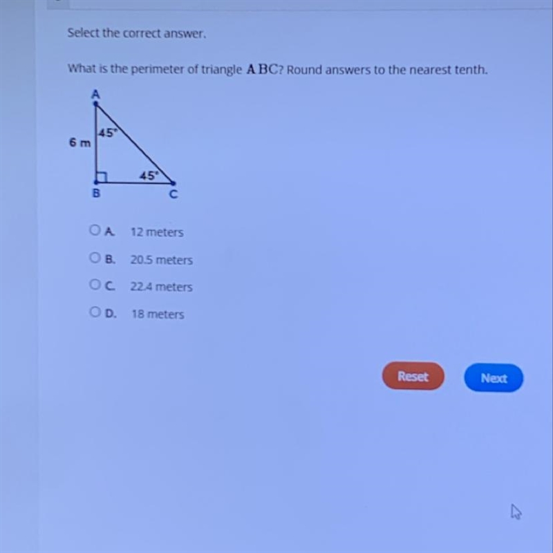 What is the perimeter of triangle ABC? Round answer to the nearest tenth. A. 12 meters-example-1