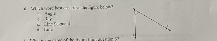 Which word best describes the figure below? a. Angle b. Ray c. Line Segment d. Line-example-1