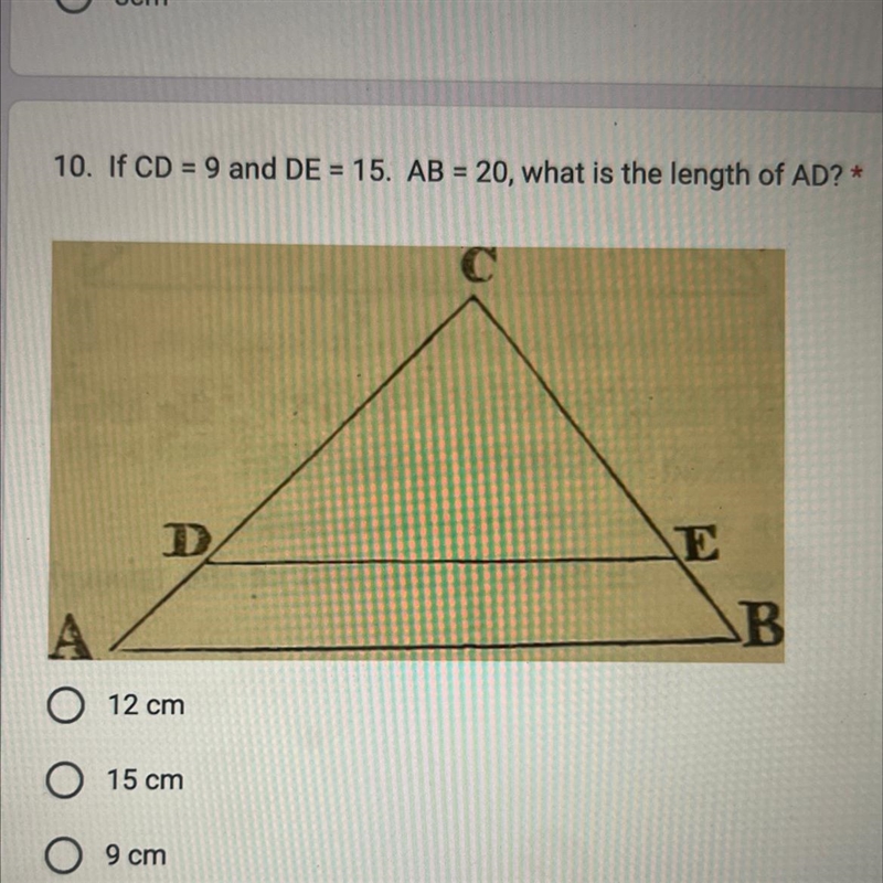 If CD=9 and DE= 15. AB = 20, what is the length of AD?-example-1