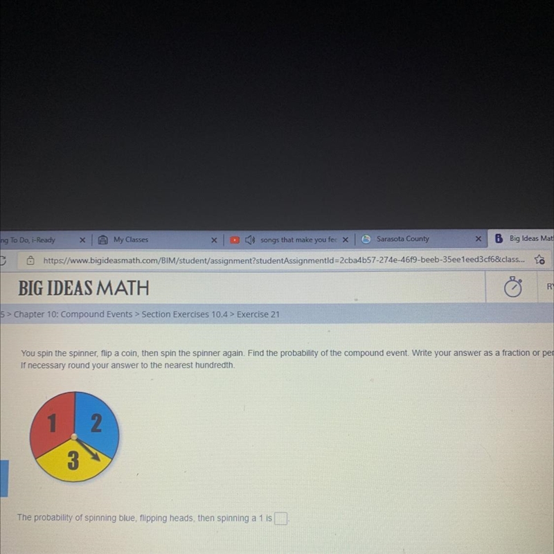 You spin a spinner, Flip a coin, then spin the spinner again. Find the probability-example-1