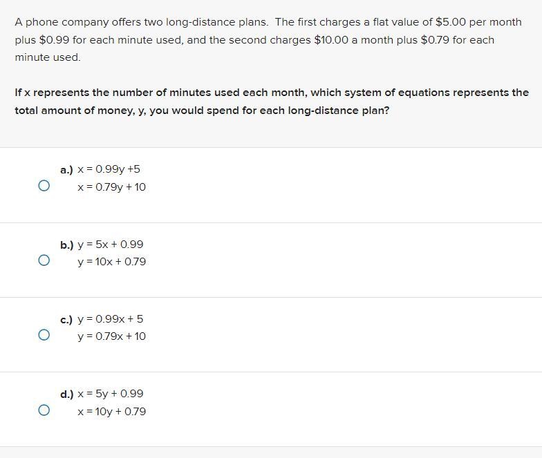 Please help!!! A phone company offers two long-distance plans. The first charges a-example-1