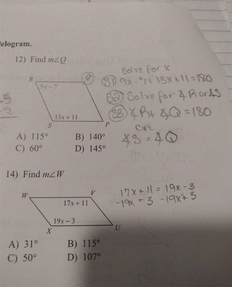 Find the measurements indicated in each parallelogram Find mQ and mW​-example-1