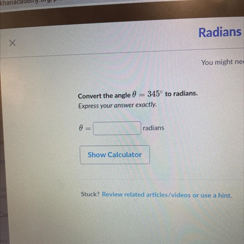 Convert the angle 0 = 345° to radians. Express your answer exactly.-example-1