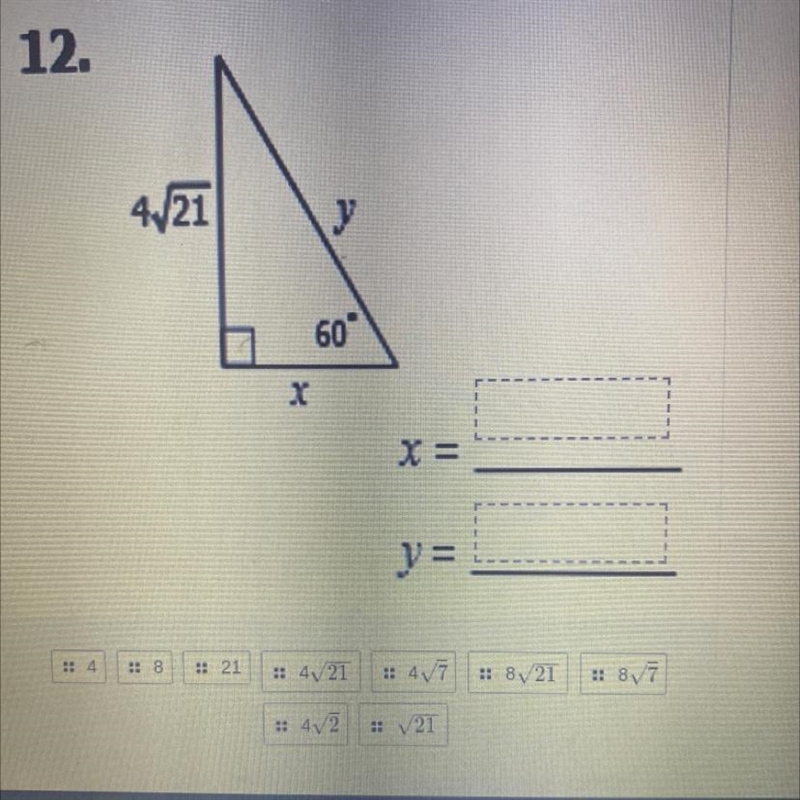 Special right triangles Find the value of each missing variable-example-1