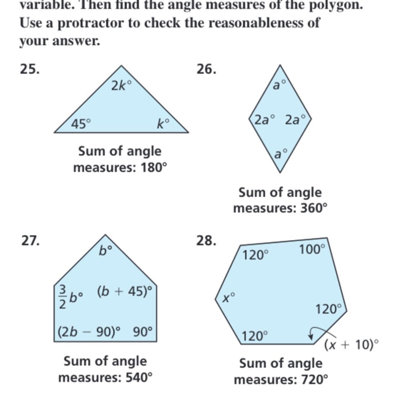 Find the value of the variable then the angle measure of the polygon. I just need-example-1