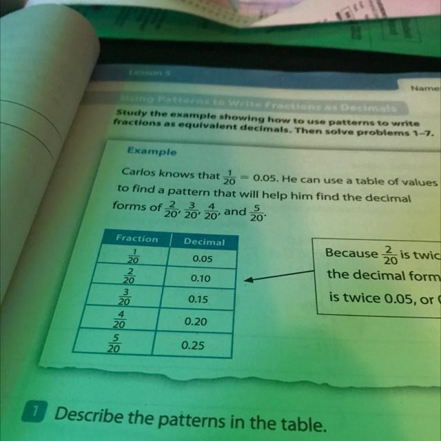 How can you use the fraction in the first column to write the equivalent decimal in-example-1