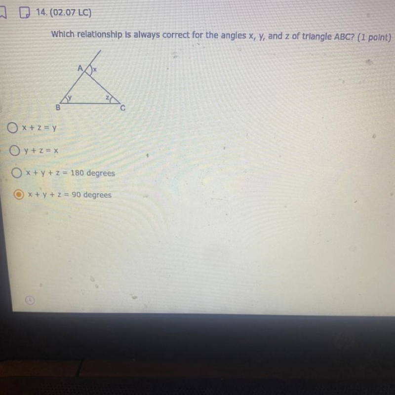 Which relationship is always correct for the angles x, y, and z of triangle ABC? (1 point-example-1