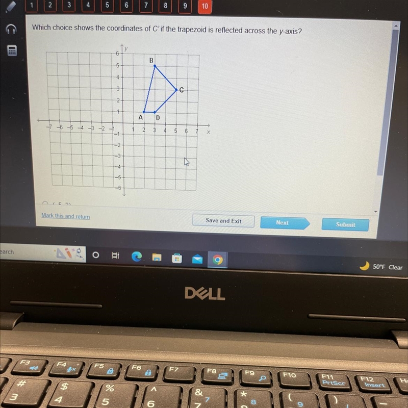 Which choice shows the coordinates of c if the trapezoid is reflected across the y-example-1