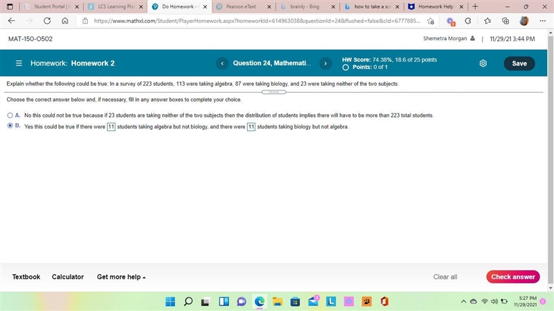 Explain whether the following could be true: In a survey of 223 students, 113 were-example-1