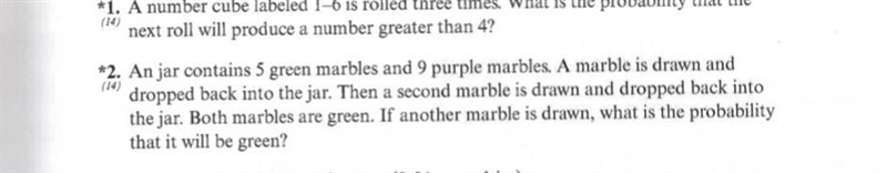 An jar contains 5 green marbles and 9 purple marbles. A marble is drawn and dropped-example-1