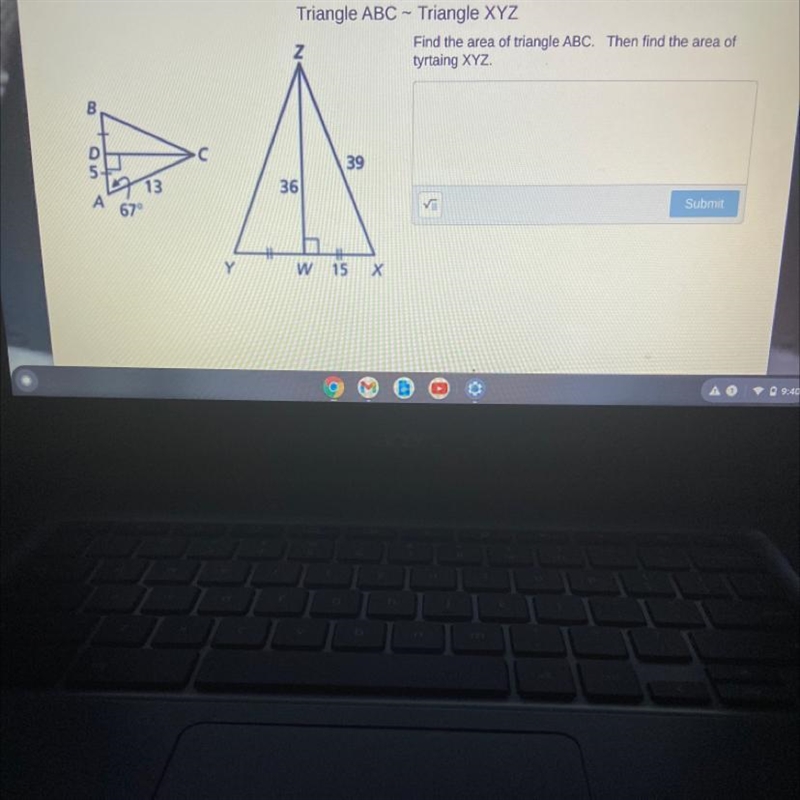 Find the area of triangle ABC then find the area of triangle XYZ-example-1