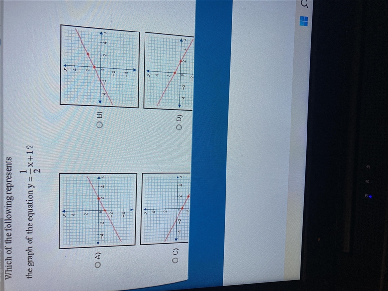 HELP!! Which of the following represents the graph of the equation y = 1/2 x +1-example-1