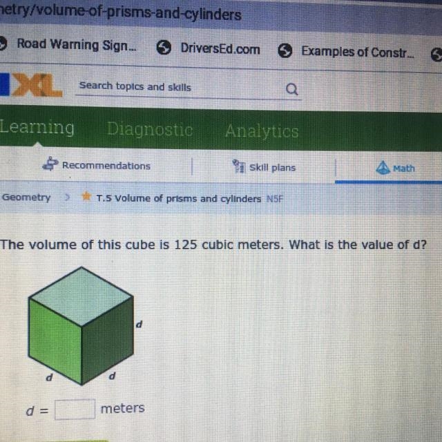 The volume of this cube is 125 cubic meters. What is the value of d?-example-1