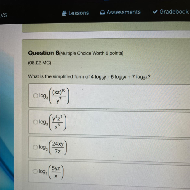 What is the simplified form of 4 log3y - 6 log3x + 7 log3z?-example-1