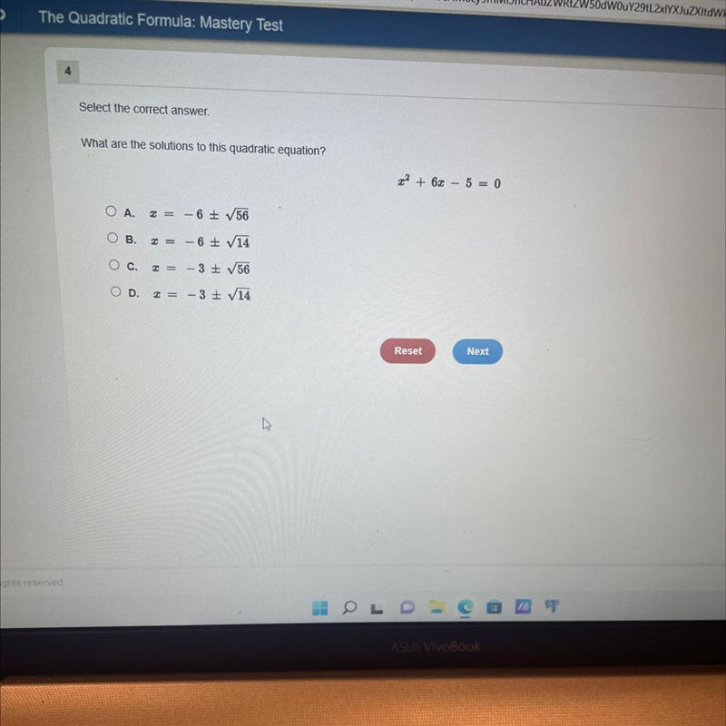 The Quadratic Formula: Mastery Test 4 Select the correct answer. What are the solutions-example-1