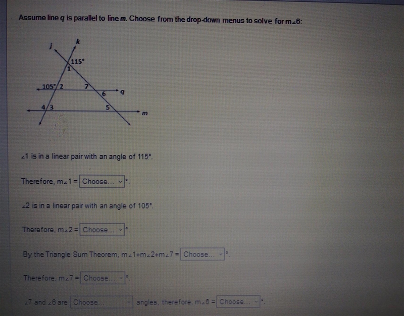 Assume line q is parallel to line m. Choose from the drop down menus to solve for-example-1