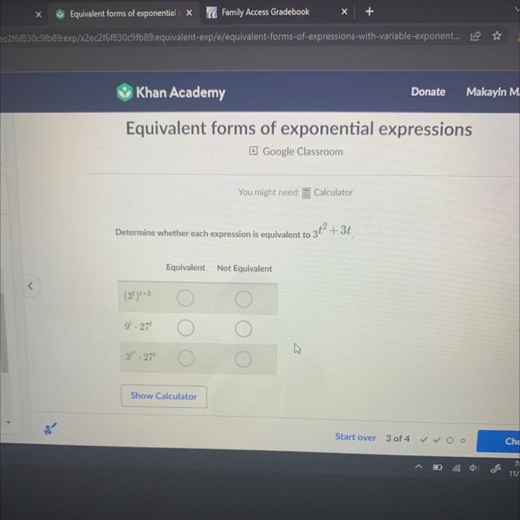 Determine whether each expression is equivalent to (3+) t+3 9.27t 3².27t Equivalent-example-1